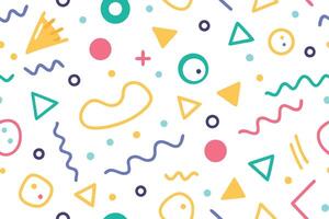 Vibrant Retro Pattern Geometric Shapes on White, Circles, Triangles, Squiggles vector