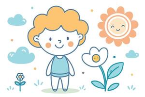 Smiling Boy with Blonde Hair, Clouds and Flowers in Cheerful Cartoon Style vector