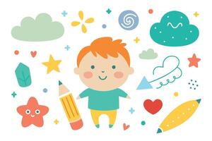 Joyful Boy with Art Elements on White Background for Kids Designs vector