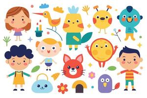 Cheerful Cartoon Characters with Cute Animals and Plants on Isolated White Background vector