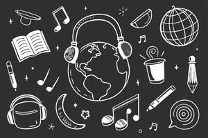 White Doodle of Globe with Headphones and Other Objects on Transparent Background vector