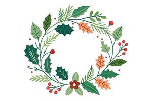 Stylized Holiday Wreath with Holly, Berries, Autumn Leaves on White Background vector