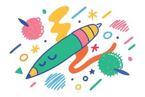 Funky Pencil with Playful Geometric Shapes on White Background Abstract Design vector