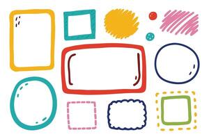 Fun Colorful Hand Drawn Frames and Shapes on White Background, Doodle Style vector
