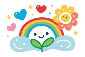 Joyful Rainbow Cloud with Smiling Flower, Heart and Sprout on a White Background vector