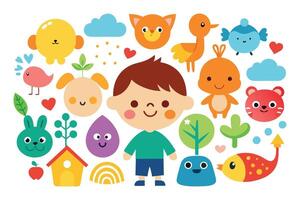 Cheerful Cartoon Child with Colorful Animals and Nature Icons on a White Background vector