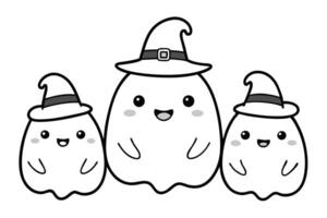 Three Outline Cartoon Ghosts Wearing Hats on White Transparent Background vector
