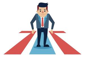 Cartoon Businessman Standing Between Two Arrow Paths on Transparent Background vector