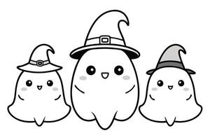 Line Art Cute Halloween Ghosts with Witch Hats, Happy Cartoon Character on Transparent Background vector