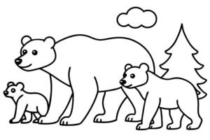 Outline of Bear Family in a Forest with Pine Tree and Cloud, Transparent Background vector