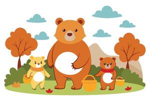 Cartoon Bears with Baskets in Fall Landscape, Mountain Backdrop and Autumn Trees vector