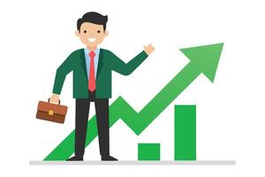 Smiling Man with Briefcase next to Green Upward Arrow Graph on White Background vector