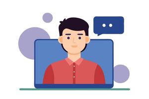Man Red Shirt on Computer Screen with Speech Bubble on Transparent Background vector