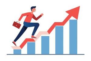Man Running Up Charts with Briefcase and Arrow Sign on White Background vector