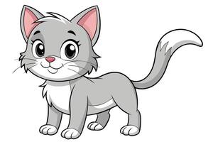 Cartoon Gray Cat with Big Eyes and Upright Tail on Transparent Background vector