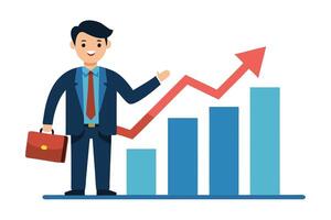 Smiling Businessman with Briefcase Presenting Growing Blue Bar Graph with Red Arrow vector