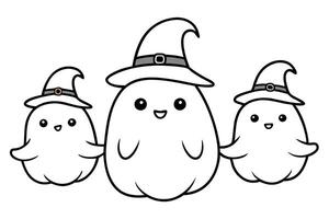 Adorable Ghosts Cartoon with Witch Hats in Outline Style on Transparent Background vector