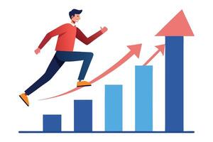 Jumping Man Climbing Bar Chart with Arrow in Flat Style on White Background vector