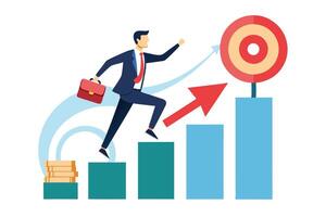 Flat Style Businessman with Briefcase Ascending Bar Graph to Target Achievement vector