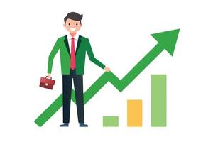 Smiling Man with Business Suit Holding Briefcase and Upward Chart on White vector