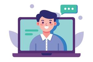 Laptop with Cartoon Young Man Showing Communication Speech Bubble, in White Background vector