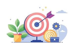 Flat Arrow Hit Target with Gear, Plant, Clouds, and Briefcase on White vector