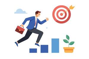 Running Businessman With Briefcase Steps Up Bar Graph Towards Arrow Target on White vector