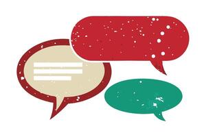 Retro Dialogue Red, Beige, Green Speech Bubbles with Grunge Texture on Transparent vector