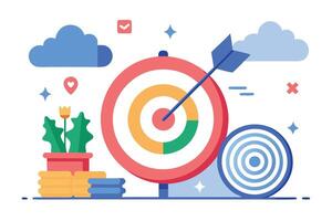Flat Design Style Arrow in Target, Clouds, Plant, Coins, Check Mark on White vector