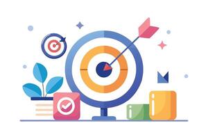 Flat Design Style Colorful Target with Arrow, Check Mark, Exclamation, Plant vector