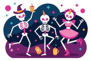 Party Skeletons Dancing with Hats and Confetti in Festive Flat Style vector
