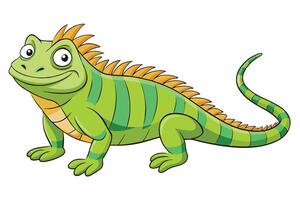 Smiling Green Cartoon Iguana Reptile with Orange Spikes on a White Background vector