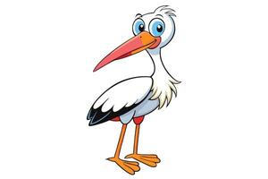 Standing Cartoon Stork with Big Blue Eyes and Reddish Orange Beak on White vector