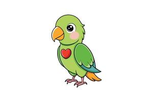Cartoon Green Parrot Bird with Heart in Kawaii Style on Transparent Background vector