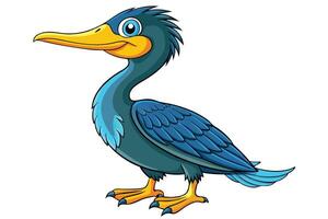 Cartoon Cormorant with Blue Feathers, Yellow Beak on a White Background vector