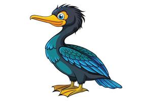Cartoon Doublecrested Cormorant with Blue Feathers and Yellow Beak on White vector