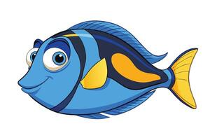 Cartoon Blue Tang Fish with Yellow Fins on Transparent Background vector