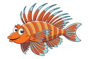 Cartoon Lionfish on White Background, Striped Fins and Spikes vector