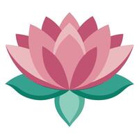 Flat Lotus Flower with Green Leaves and Pink Petals on Transparent Background vector