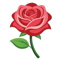 Isolated Red Rose Blossom with Stem and Green Leaf on White Background vector