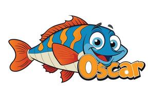 Blue Cartoon Fish Character with Orange Fins and Oscar Text on white background vector