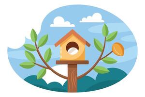 Cartoon Birdhouse on Tree Branches with Sky Background, Leaves, and Abstract Shapes vector