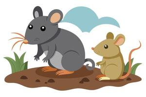 Cartoon Of Two Mice On Soil With Grass And Light Blue Clouds vector