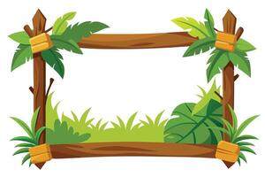 Jungle with Green Leaves and Grass, Cartoon Wooden Rectangular Border, Transparent vector
