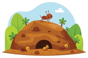 Cheerful Ants near Anthill With Trees and Blue Sky in a Cute Cartoon Style vector