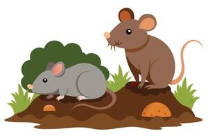 Two Cartoon Mice in Brown Nest with Green Grass and Orange Cheese Slice vector
