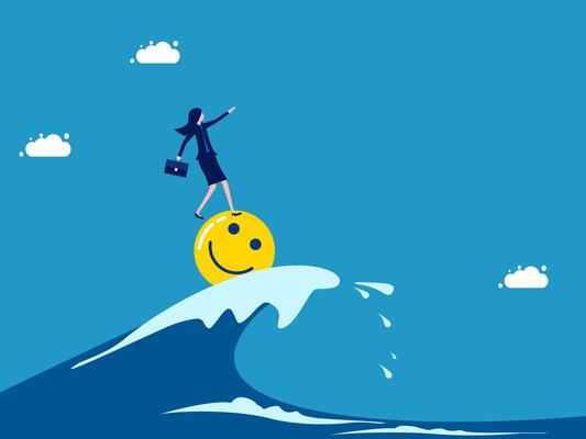 a businesswoman standing on top of a wave with a smiley face