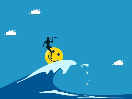 businessman is standing on top of a wave with a smiley face
