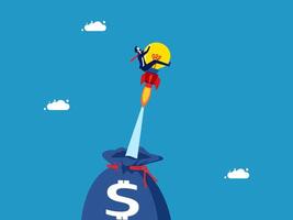 a man is flying on top of a bag with a dollar sign vector