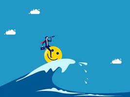 a man riding on top of a wave with a smiley face vector